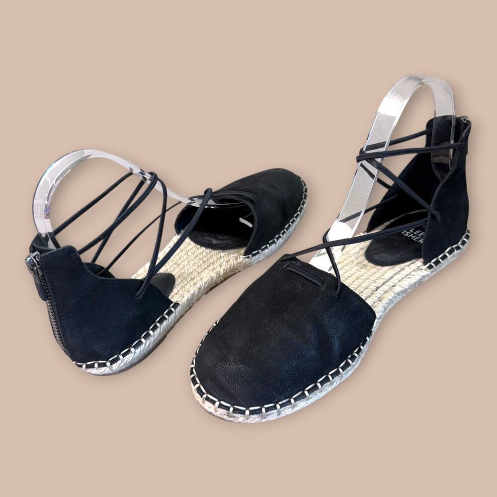 Eileen Fisher Womens 7 Espadrille Flat Ankle Laced Sandals Black Nubuck Leather